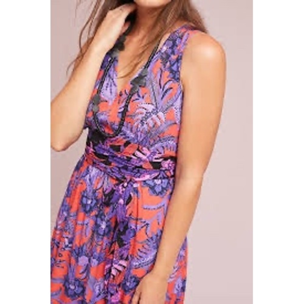 Maeve Maxi Dress Womens 8 Orange Purple Floral Tropical V-Neck Anthropologie